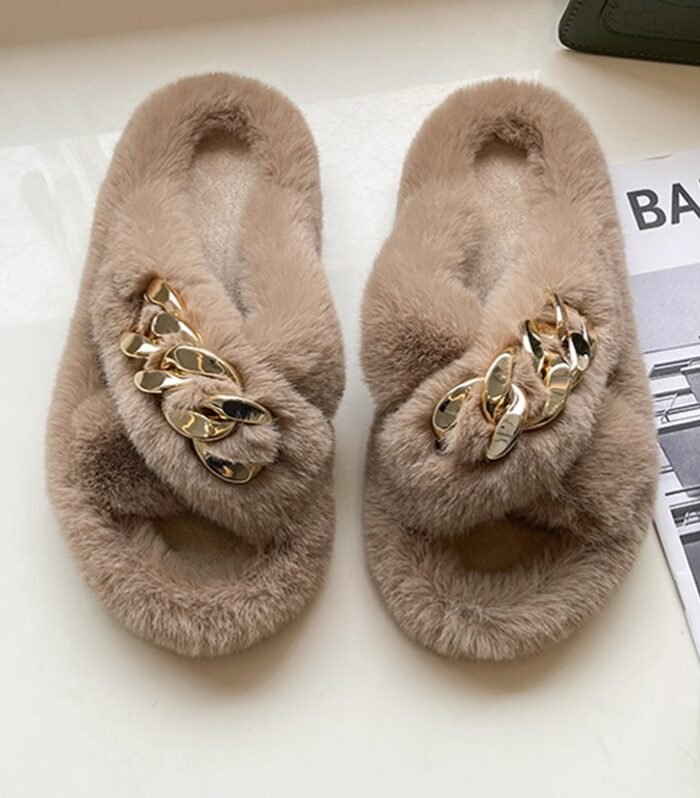 Women's Winter Fur Slippers for Home - 06-Khaki, 37