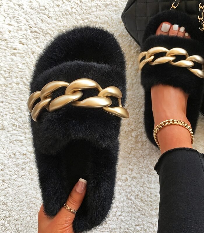 Women's Winter Fur Slippers for Home - 05-Black, 40