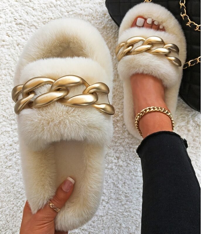 Women's Winter Fur Slippers for Home - 05-Beige, 37